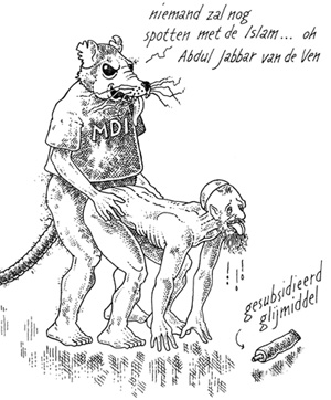 Uno de los últimos dibujos de Nekschot. La rata lleva una camiseta con las siglas MDI, el organismo que le denunció.