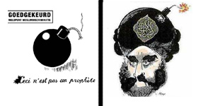 A la izquierda, un dibujo en el que Nekschot se dirige al MDI y le dice ’Aquí no hay un profeta’, en alusión a la publicada en ’Jyllands Postem’ (drch)
